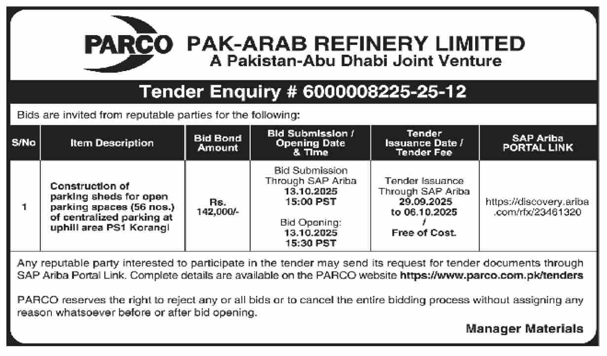 Pak Arab Refinery Limited Tender Notice